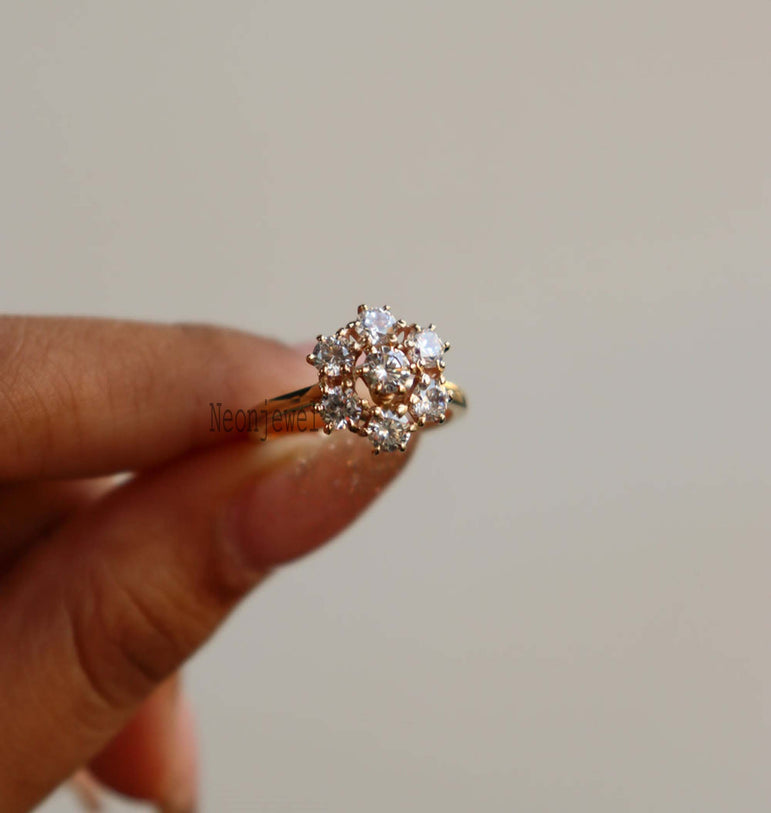 Cluster Round Moissanite Engagement Ring 10K Solid Rose Gold Ring Seven Diamond Ring