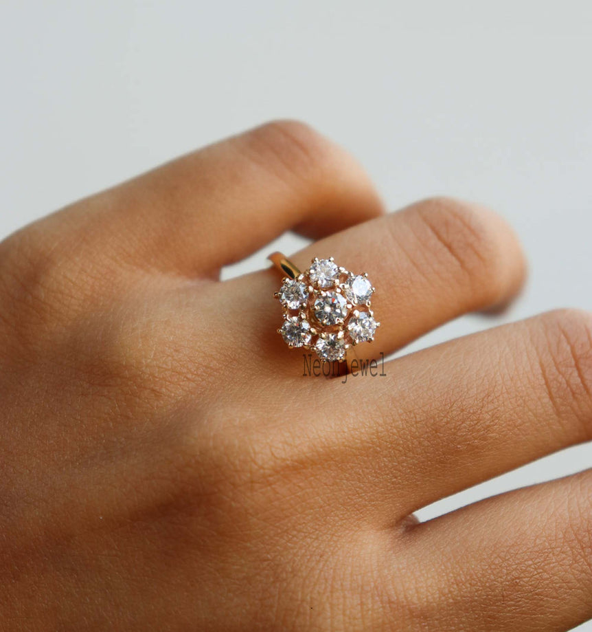 Cluster Round Moissanite Engagement Ring 10K Solid Rose Gold Ring Seven Diamond Ring