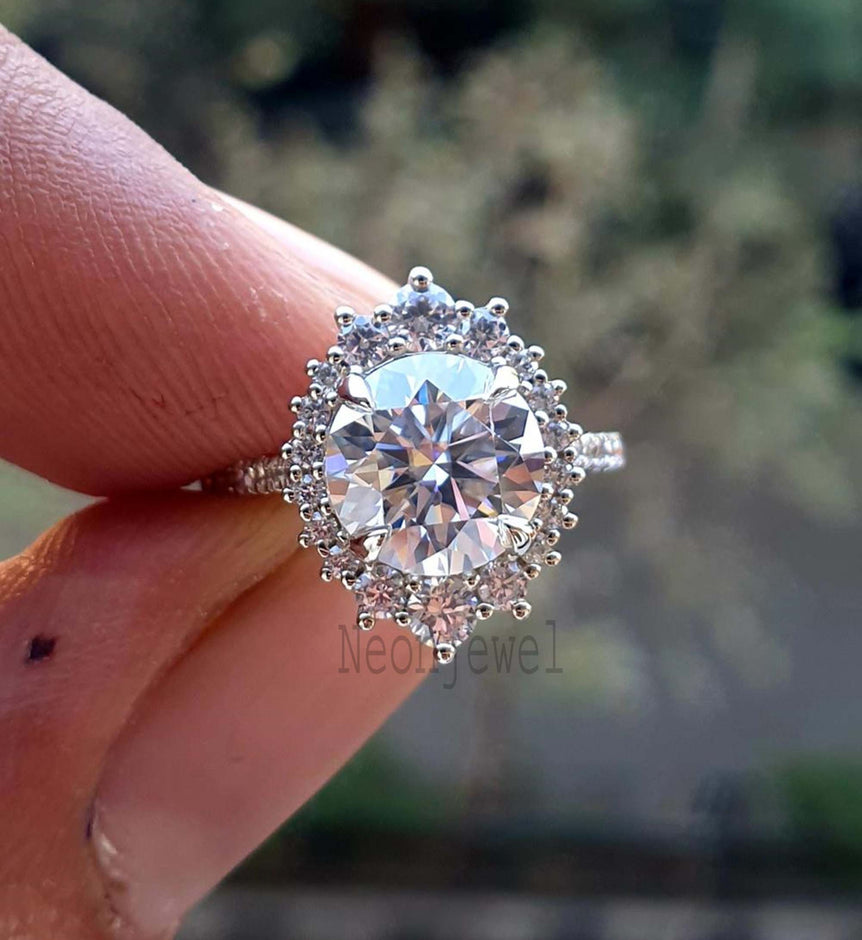 Cluster Round Moissanite Engagement Ring 2 Ct Round Halo Diamond Ring For Her