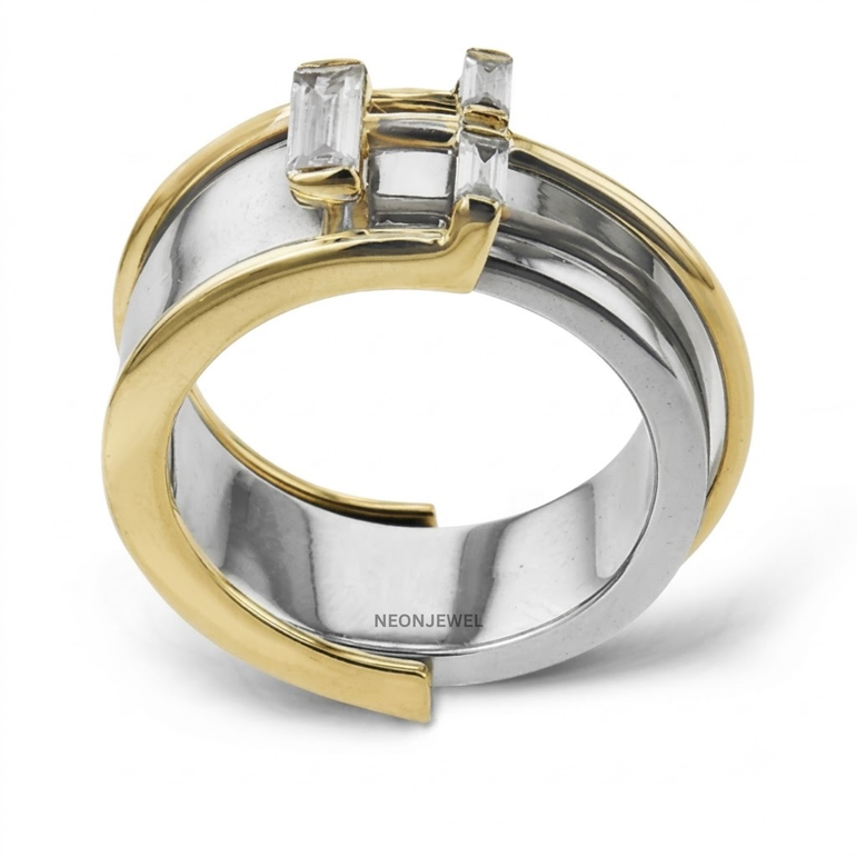Baguette Smart Ring Cover | Art Deco Geometric Smart Ring Protector Jacket | Gold Accent Step-Cut Ring Enhancer Band | Minimalist Silver Statement Ring Guard