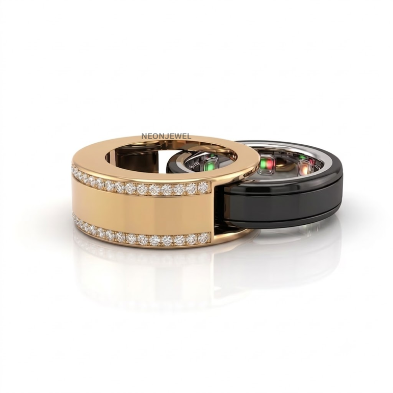 Luxury Double Row Pavé Oura Ring Cover | Gold Diamond Eternity Smart Ring Shield | Minimalist Glam Oura Ring Protector Sleeve