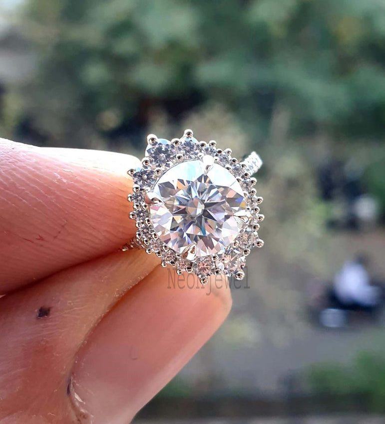 Cluster Round Moissanite Engagement Ring 2 Ct Round Halo Diamond Ring For Her