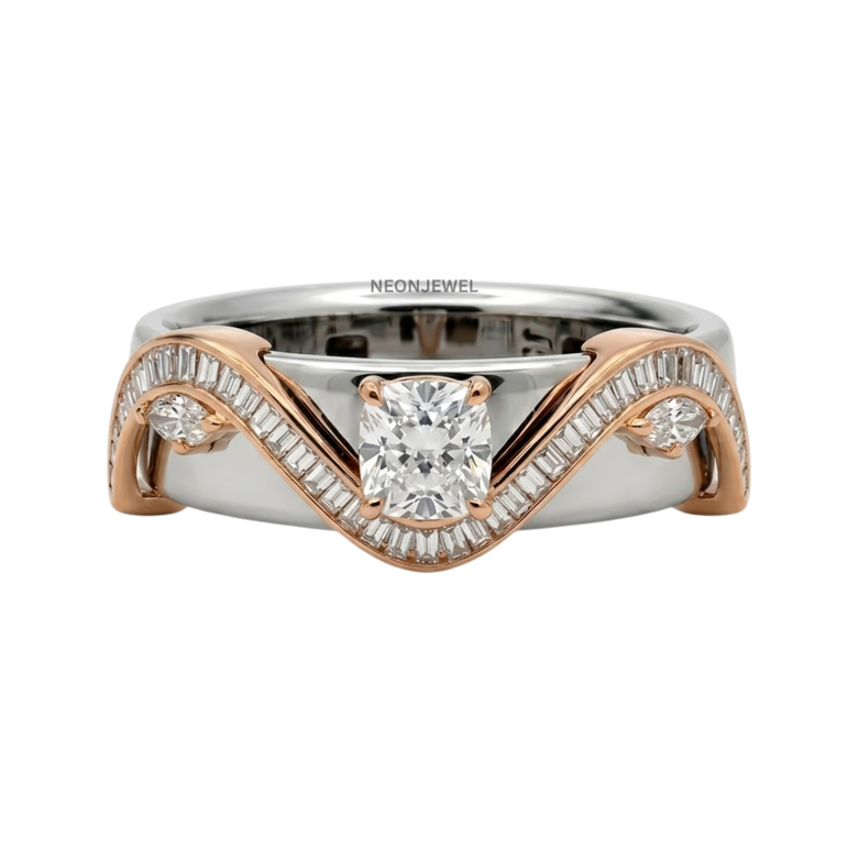Cushion Cut Moissanite Smart Ring Cover • Gold Wave Baguette Ring Guard • Elegant Protector Jacket for Tech Rings