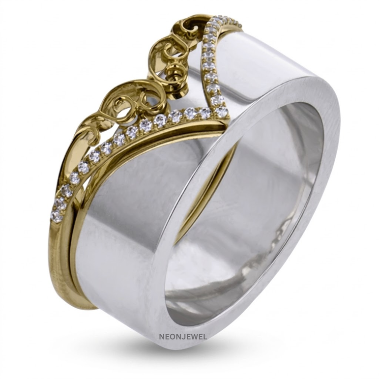 Tiara Smart Ring Cover, Chevron V-Shape Filigree Tracker Shield, Crown Diamond Accent Ring Guard, Two-Tone Decorative Tech Jewelry Sleeve