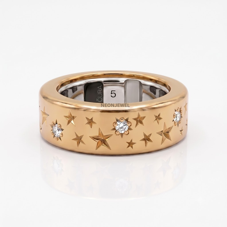 Celestial Galaxy Oura Ring Sleeve | Engraved Stars & Sparkling CZ Accent Smart Ring Shield