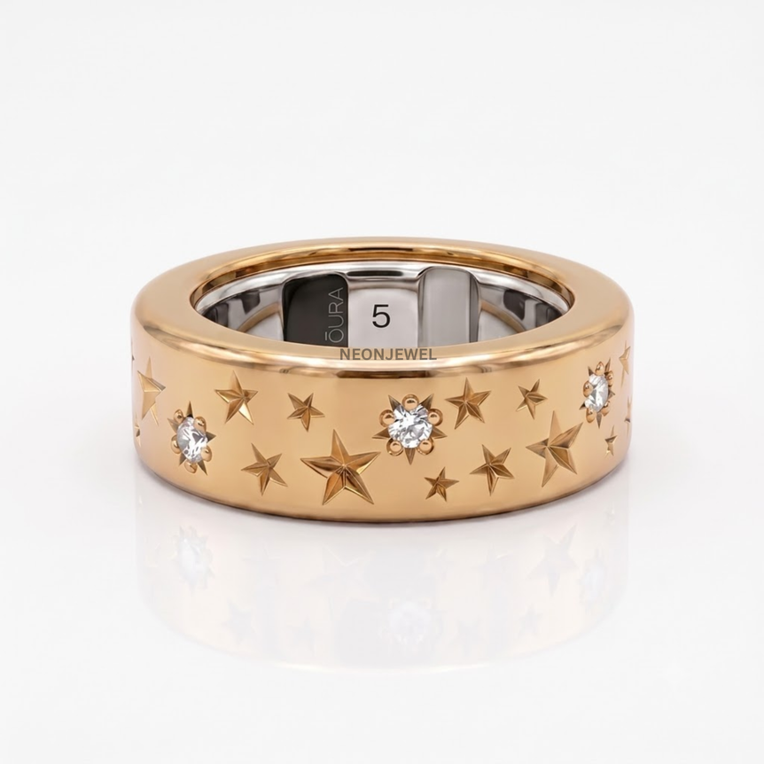 Celestial Galaxy Oura Ring Sleeve | Engraved Stars & Sparkling CZ Accent Smart Ring Shield