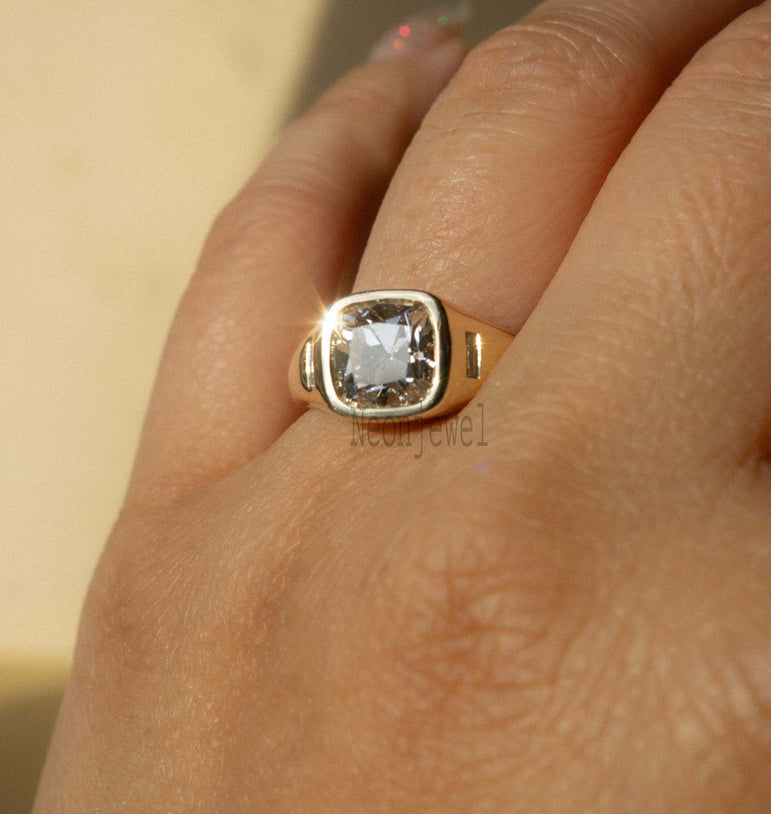 Old European Cushion Cut Moissanite Wedding Ring 14K Bezel Set Diamond Ring