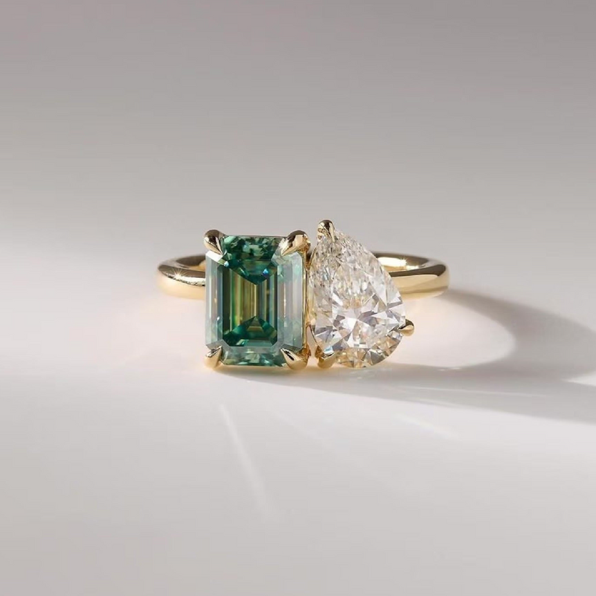 Toi Et Moi Emerald & Pear Moissanite Engagement Ring Two Stone Moissanite Ring