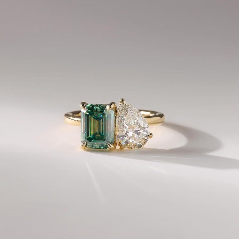 Toi Et Moi Emerald & Pear Moissanite Engagement Ring Two Stone Moissanite Ring