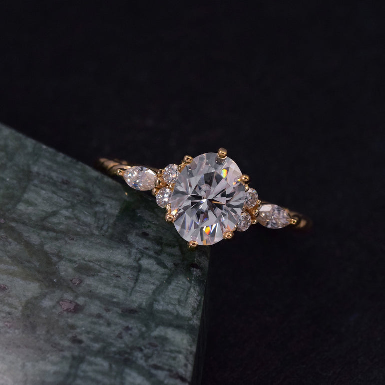 Cluster Oval Moissanite Engagement Ring Vintage Style Moissanite Wedding Ring