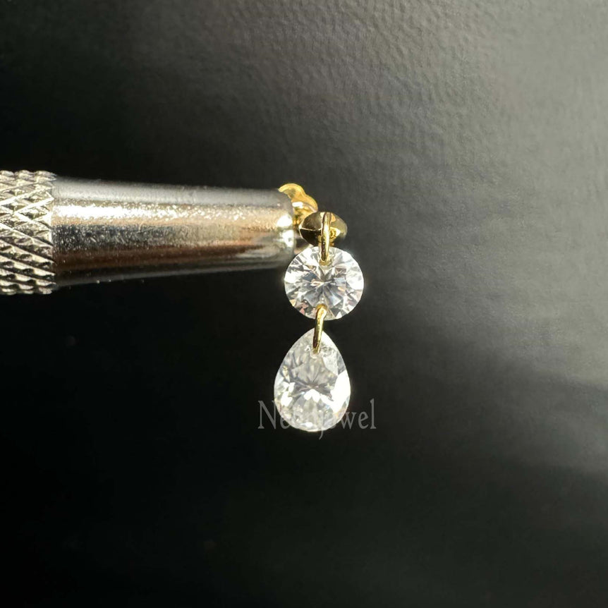 Floating Double Diamond Threaded Charm Earring in 14K Solid Yellow Gold Dangle Stud For Her