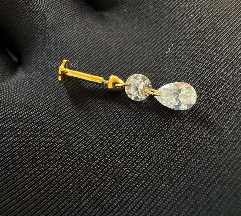 Floating Double Diamond Threaded Charm Earring in 14K Solid Yellow Gold Dangle Stud For Her