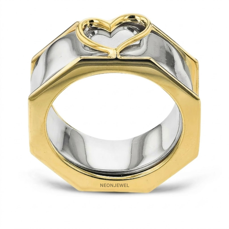 Geometric Smart Ring Cover | Hexagon Outer Frame Smart Ring Protector Jacket | Gold Open Heart Ring Enhancer Band | Minimalist Silver Statement Ring Guard