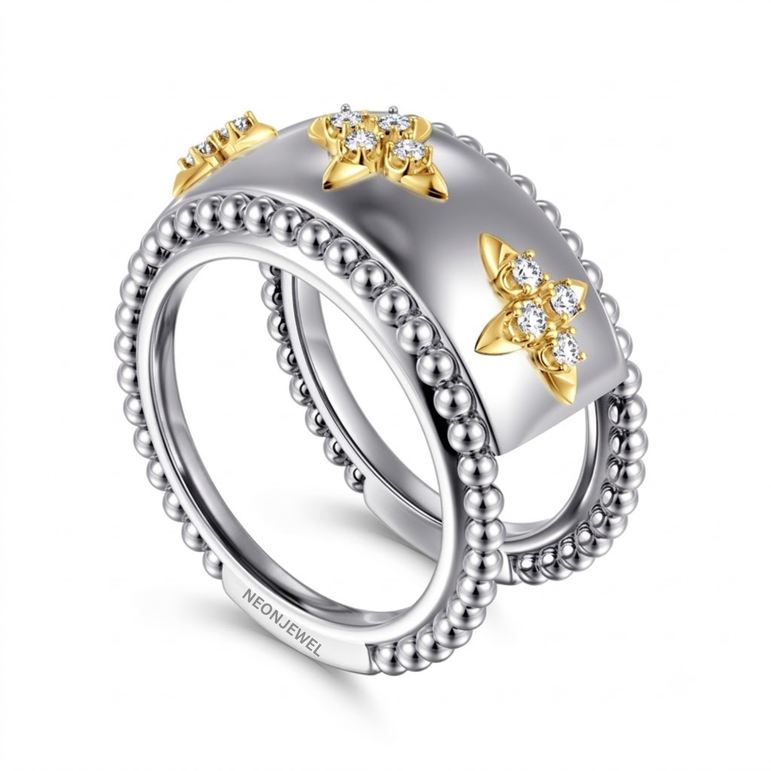 Two Tone Cover for Oura Ring, Silver Wide Smart Ring Protector, Gold Star Cluster Tracker Shield, Monogram Style Smart Ring Sleeve