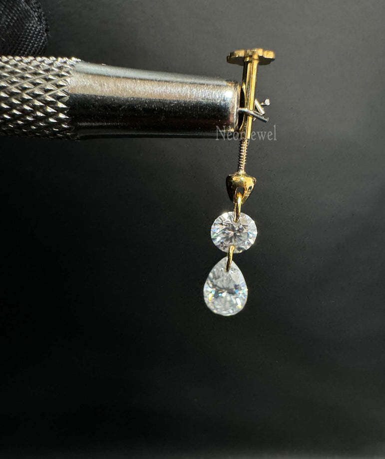 Floating Double Diamond Threaded Charm Earring in 14K Solid Yellow Gold Dangle Stud For Her