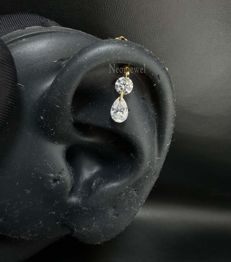 Floating Double Diamond Threaded Charm Earring in 14K Solid Yellow Gold Dangle Stud For Her