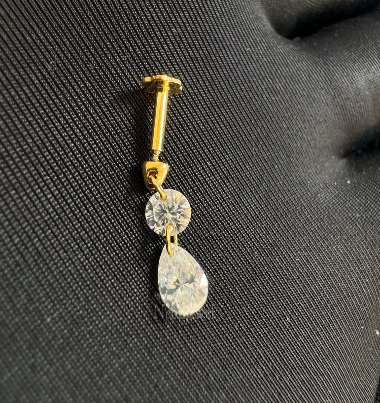 Floating Double Diamond Threaded Charm Earring in 14K Solid Yellow Gold Dangle Stud For Her