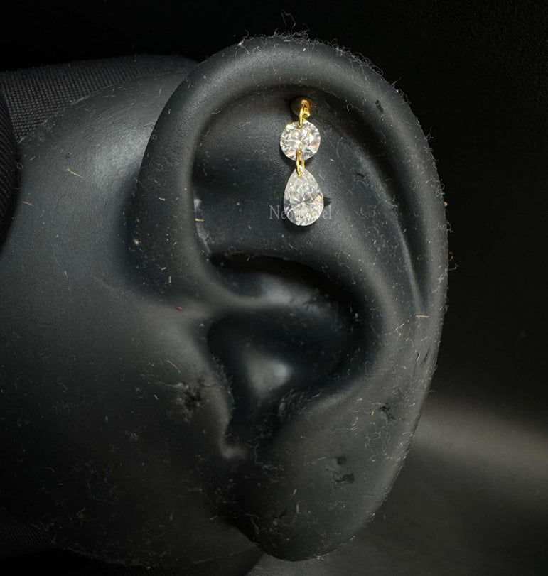 Floating Double Diamond Threaded Charm Earring in 14K Solid Yellow Gold Dangle Stud For Her