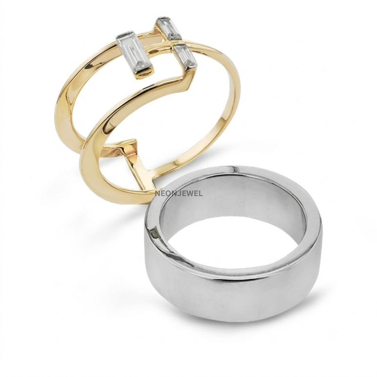 Baguette Smart Ring Cover | Art Deco Geometric Smart Ring Protector Jacket | Gold Accent Step-Cut Ring Enhancer Band | Minimalist Silver Statement Ring Guard