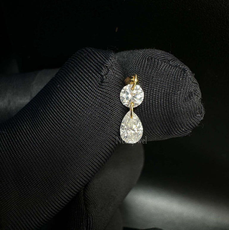 Floating Double Diamond Threaded Charm Earring in 14K Solid Yellow Gold Dangle Stud For Her