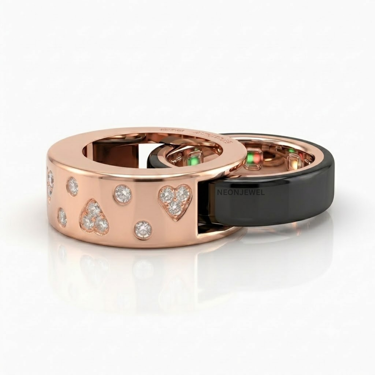The "Sweetheart" Oura Ring Cover 4, 5 – Satin Gold with Pavé Hearts & Crystals