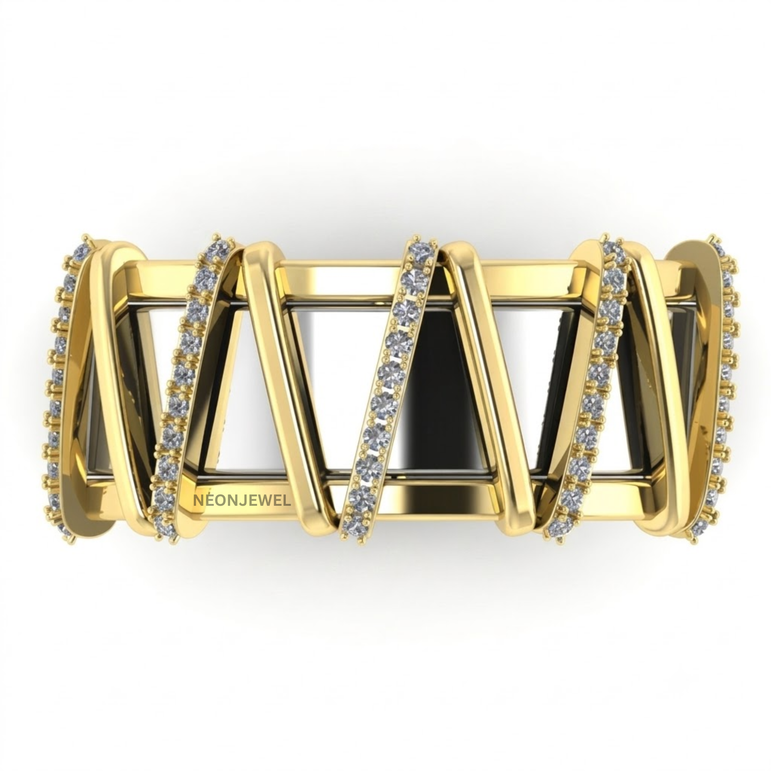 Geometric Smart Ring Cover, Two-Tone V-Shape Cage Ring Shield, Diamond Accent Tracker Protector, Luxury Jewelry Sleeve