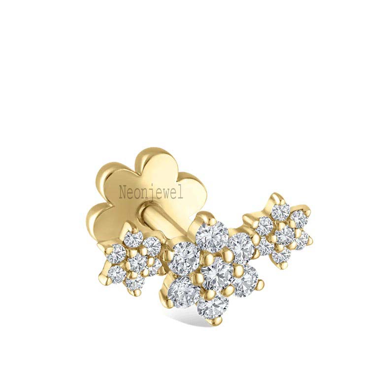 14K Solid Gold Diamond Flower Garland Stud Earring: Single Earring For Her Threaded Piercing