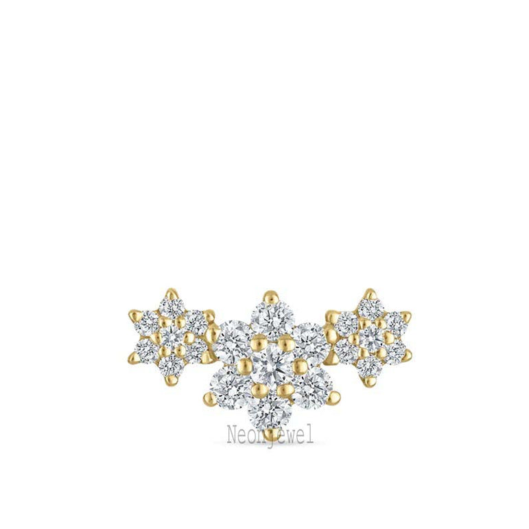 14K Solid Gold Diamond Flower Garland Stud Earring: Single Earring For Her Threaded Piercing