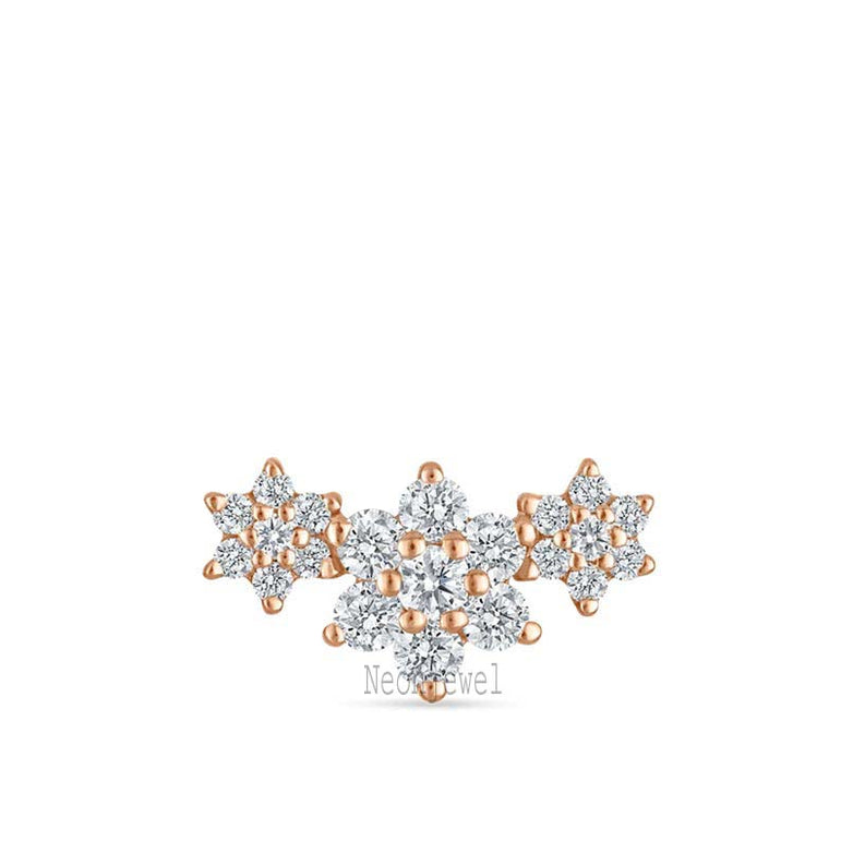 14K Solid Gold Diamond Flower Garland Stud Earring: Single Earring For Her Threaded Piercing