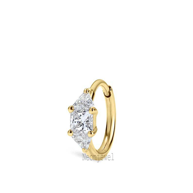 3mm Diamond Princess Triangle Hoop Earring 14K Solid Gold piercing Single Labgrown Diamond Hoop Earring Worn with any charms, Clicker For Her