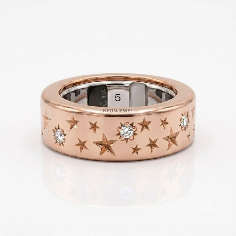 Celestial Galaxy Oura Ring Sleeve | Engraved Stars & Sparkling CZ Accent Smart Ring Shield