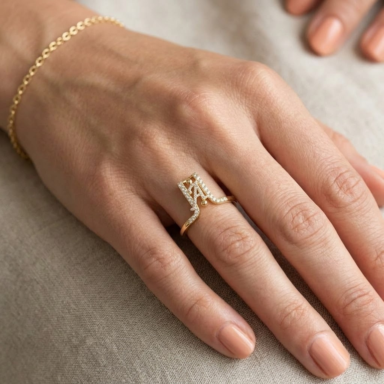Crystal Initial A Ring Guard for Smart Ring • Gold Custom Monogram Smart Ring Cover • Pave Diamond Letter A Ring Protector