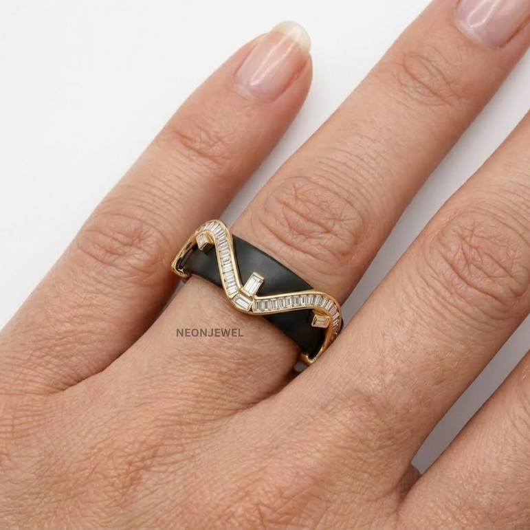 Baguette Moissanite Smart Ring Cover • Gold Chevron Wave Ring Guard • Elegant Protector Jacket for Tech Rings