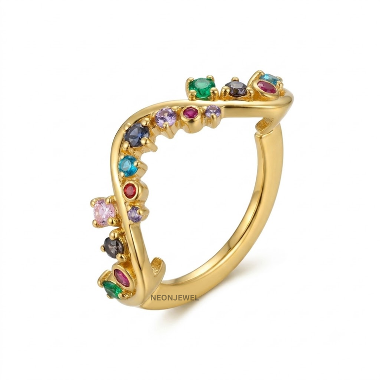 Rainbow Gemstone Oura Ring Cover | Gold Wavy Vine Smart Ring Protector & Guard