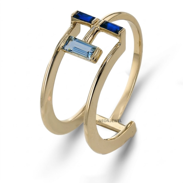 Baguette Smart Ring Cover | Art Deco Geometric Smart Ring Protector Jacket | Gold Accent Step-Cut Ring Enhancer Band | Minimalist Silver Statement Ring Guard
