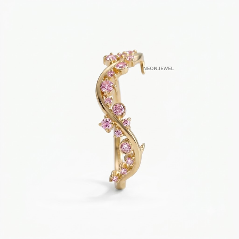 14K Gold Filled Vine Oura Ring Cover | Floral Pink Crystal Smart Ring Protector | Delicate Nature-Inspired Oura Ring Wrapper