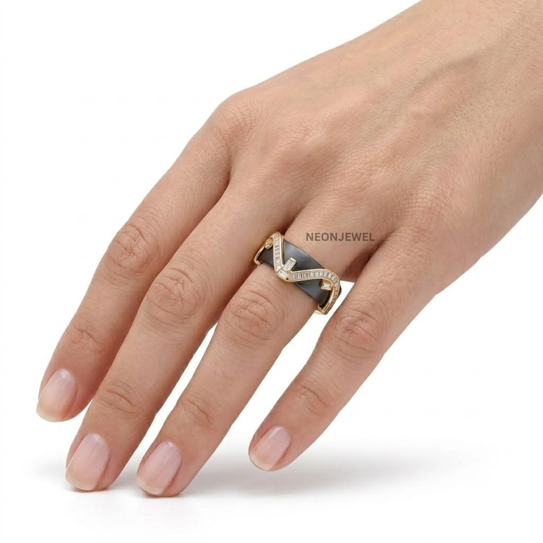 Baguette Moissanite Smart Ring Cover • Gold Chevron Wave Ring Guard • Elegant Protector Jacket for Tech Rings