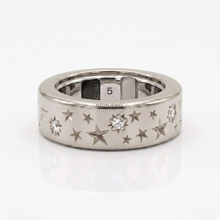 Celestial Galaxy Oura Ring Sleeve | Engraved Stars & Sparkling CZ Accent Smart Ring Shield
