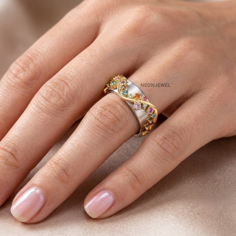 Multicolor Gemstone Oura Ring Cover | Gold Vine & Floral Smart Ring Protector | Stylish Oura Ring Accessories