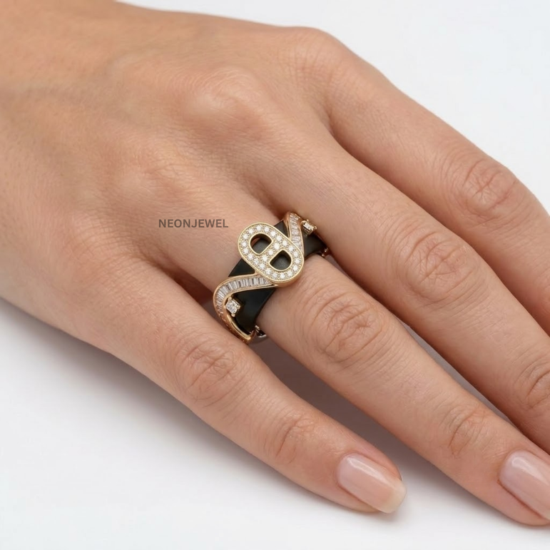 Oval Link Statement Smart Ring Cover • Baguette & Pavé Gold Ring Guard • Architectural Protector Jacket for Tech Rings