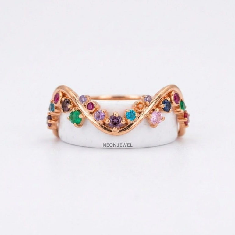 Rainbow Gemstone Oura Ring Cover | Gold Wavy Vine Smart Ring Protector & Guard