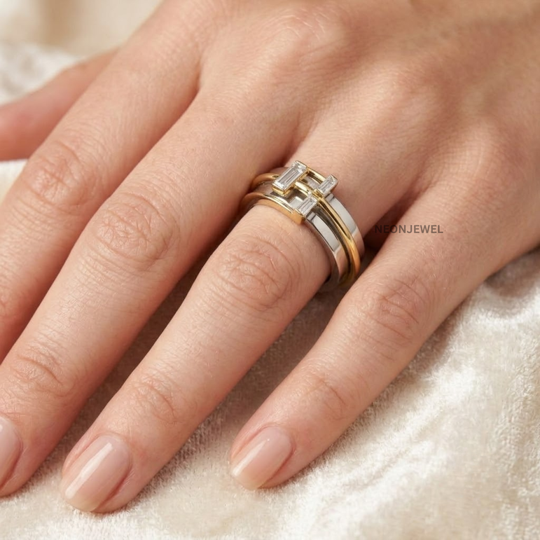 Baguette Smart Ring Cover | Art Deco Geometric Smart Ring Protector Jacket | Gold Accent Step-Cut Ring Enhancer Band | Minimalist Silver Statement Ring Guard