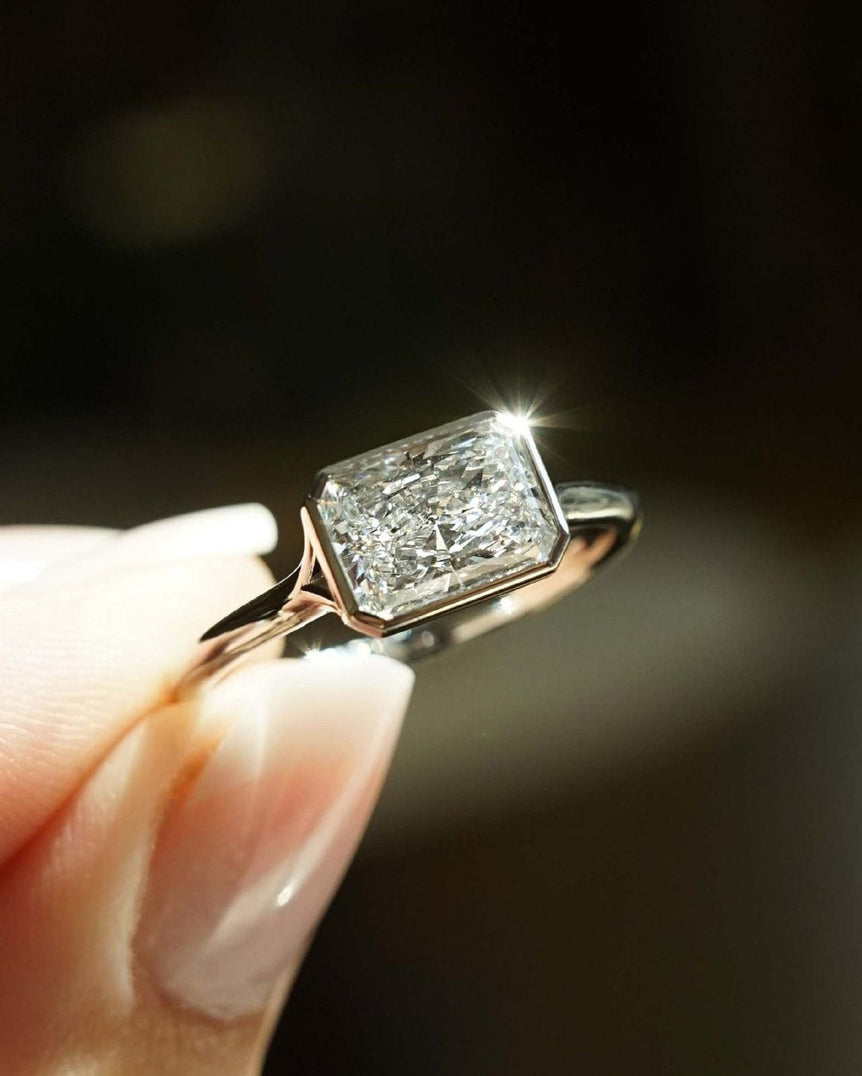 Radiant Moissanite Engagement Ring East West 2.43 Ct Colorless Moissanite Solitaire Ring