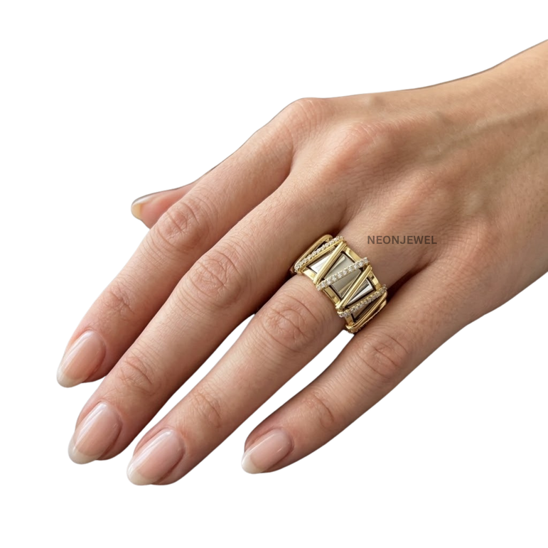 Geometric Smart Ring Cover, Two-Tone V-Shape Cage Ring Shield, Diamond Accent Tracker Protector, Luxury Jewelry Sleeve