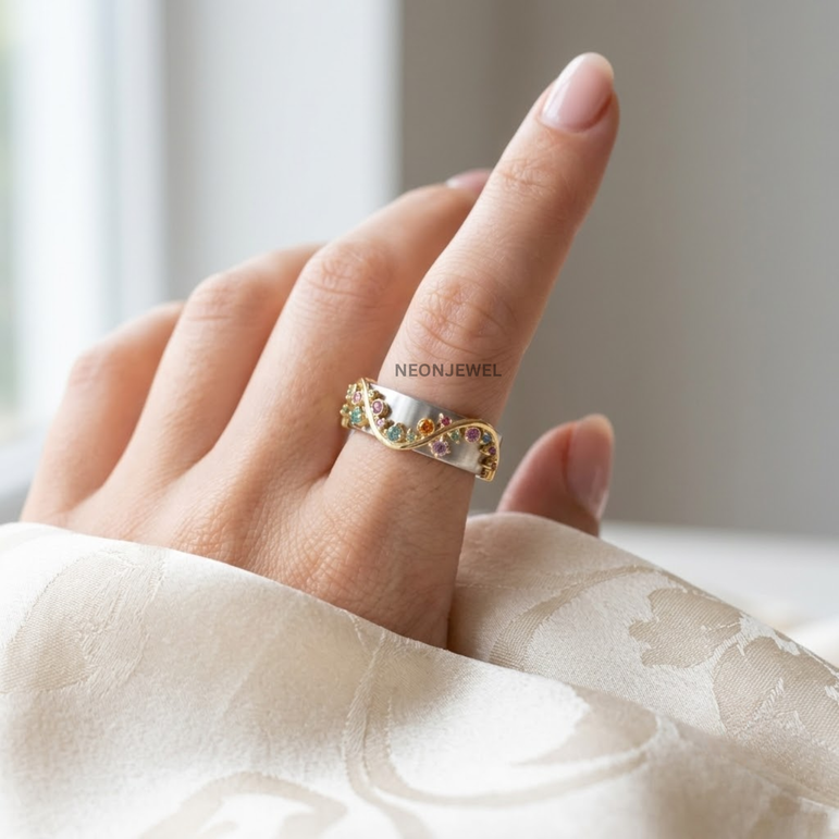 Multicolor Gemstone Oura Ring Cover | Gold Vine & Floral Smart Ring Protector | Stylish Oura Ring Accessories