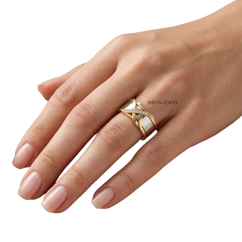 Criss-Cross Smart Ring Cover, Two-Tone Interlocking X Band Shield, Diamond Accent Tracker Protector, Luxury Jewelry Sleeve, Statement Ring Guard