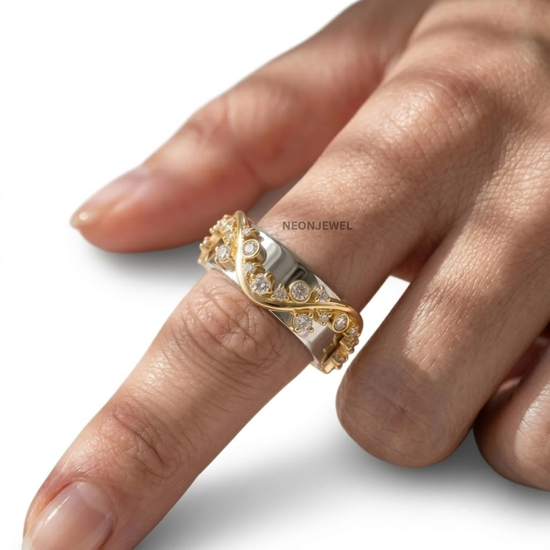 Curved Diamond Ring Jacket • 14K Gold Plated Smart Ring Protector Cover • Botanical Vine Ring Guard Enhancer • Statement Jewelry for Tech Rings