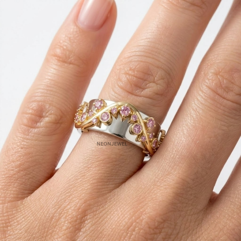 14K Gold Filled Vine Oura Ring Cover | Floral Pink Crystal Smart Ring Protector | Delicate Nature-Inspired Oura Ring Wrapper