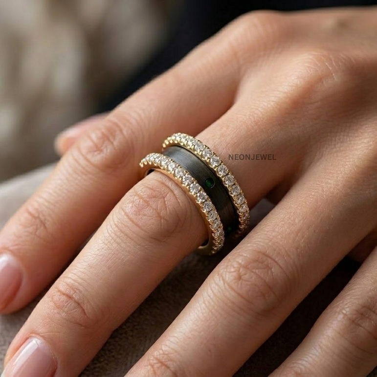 Double Row Moissanite Ring Enhancer Gold, Dual Band Ring Guard for Smart Rings, Sparkling Eternity Stackable Ring Jacket