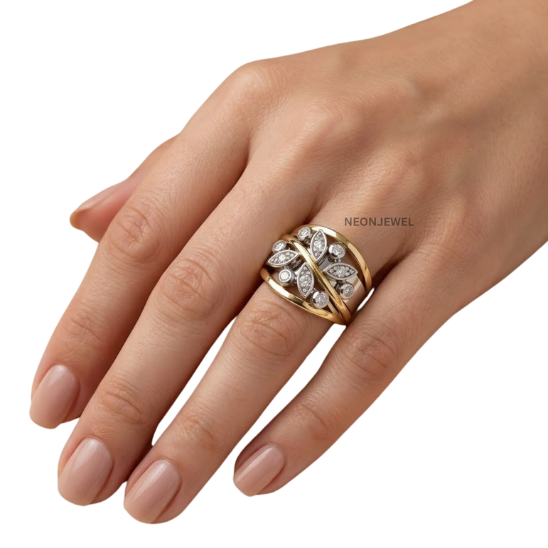 Marquise Leaf Smart Ring Cover | Criss-Cross Vine Ring Enhancer Band | Silver & Gold Smart Ring Protector Jacket | Shimmering Bezel Set Statement Ring Guard